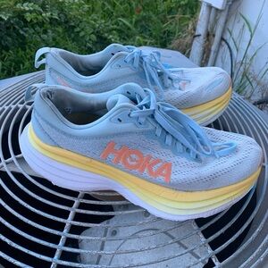 Hoka Bondi 8 Blue and Yellow Shoes